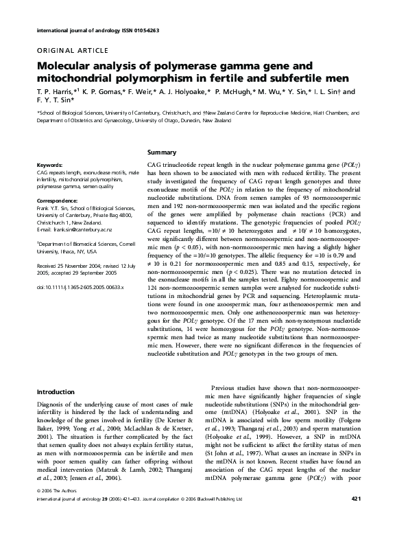 (PDF) Molecular analysis of polymerase gamma gene and mitochondrial ...