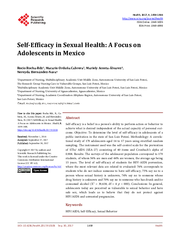 (PDF) Self-Efficacy in Sexual Health: A Focus on Adolescents in Mexico