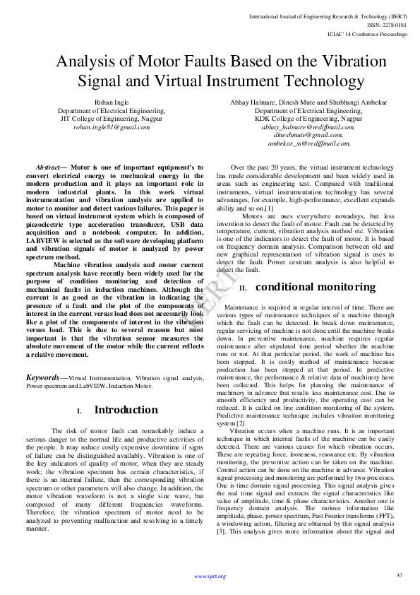 (PDF) Analysis of Motor Faults Based on the Vibration Signal and ...