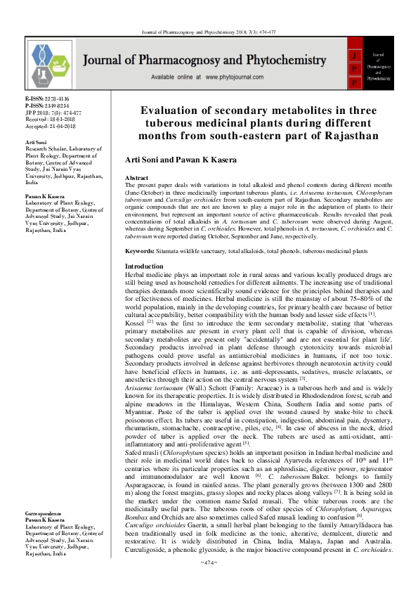 (PDF) Evaluation of secondary metabolites in three tuberous medicinal ...