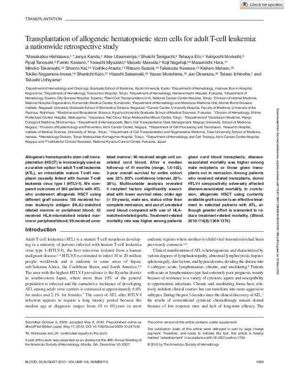 (PDF) Transplantation of allogeneic hematopoietic stem cells for adult ...