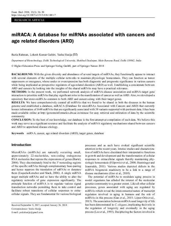 (PDF) miRACA: A database for miRNAs associated with cancers and age ...
