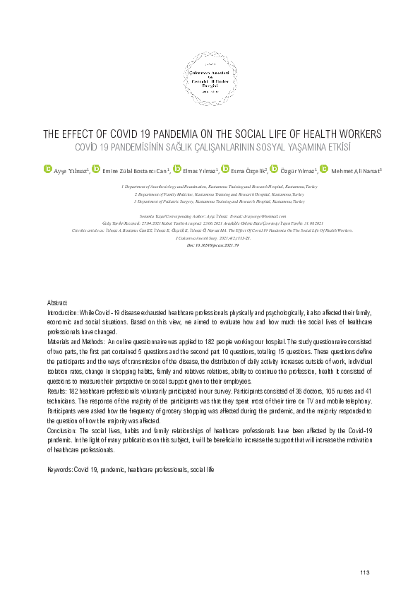 (PDF) The Effect of Covid 19 Pandemia on the Social Life of Health Workers