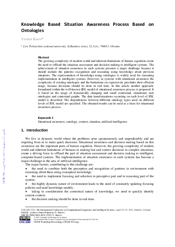 (PDF) Knowledge Based Situation Awareness Process Based on Ontologies