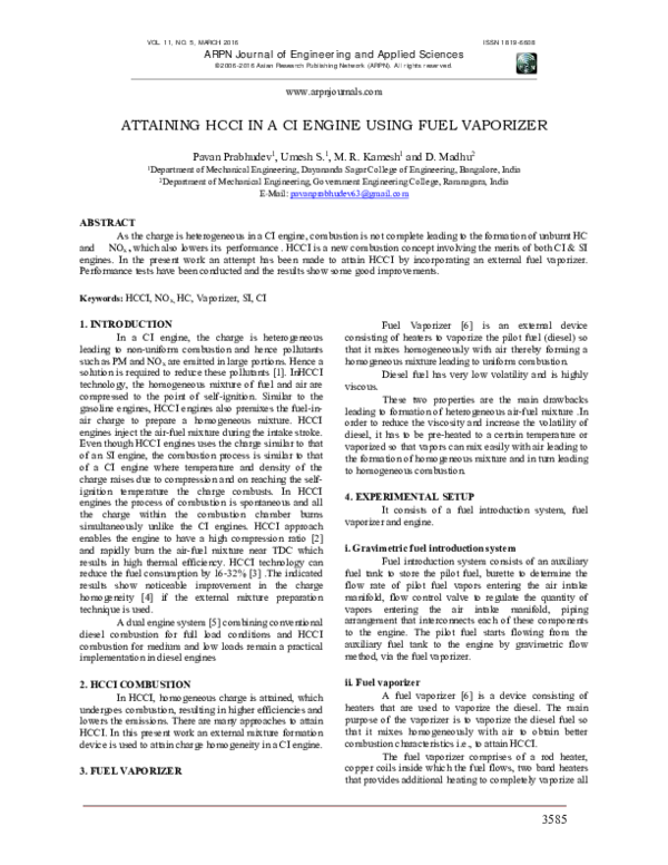 (PDF) Attaining Hcci in a CI Engine Using Fuel Vaporizer