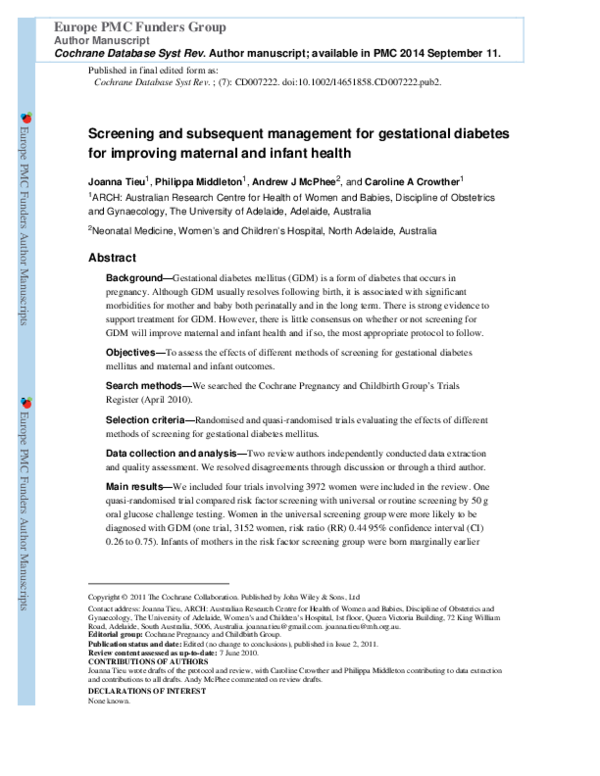 (PDF) Screening and subsequent management for gestational diabetes for ...