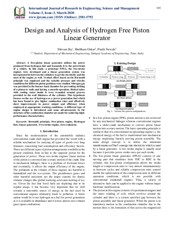 (PDF) Design and Analysis of Hydrogen Free Piston Linear Generator