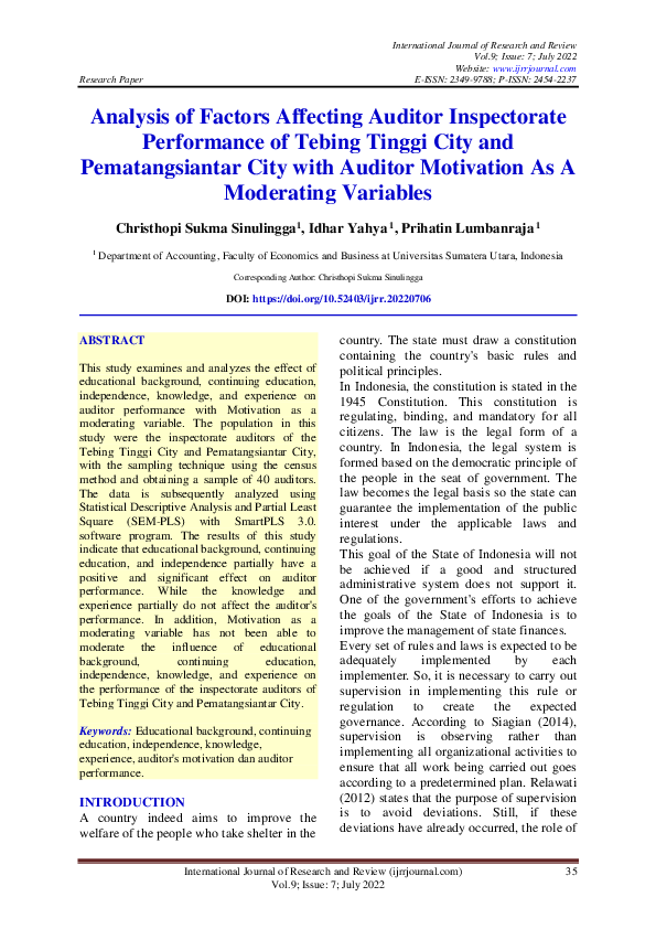(PDF) Analysis of Factors Affecting Auditor Inspectorate Performance of ...