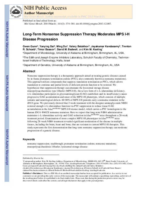 (PDF) Long-term nonsense suppression therapy moderates MPS I-H disease ...
