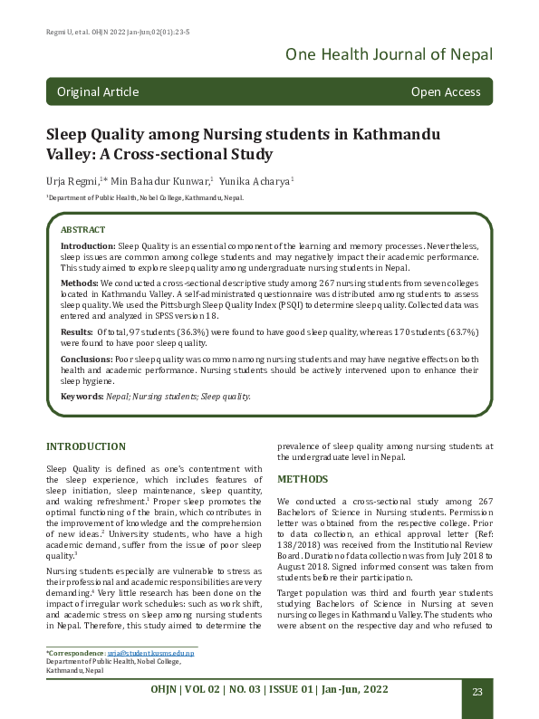 (PDF) Sleep Quality among Nursing students in Kathmandu Valley: A Cross ...
