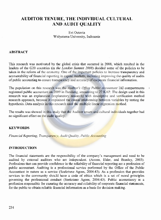 (PDF) Auditor Tenure, the Individual Cultural and Audit Quality