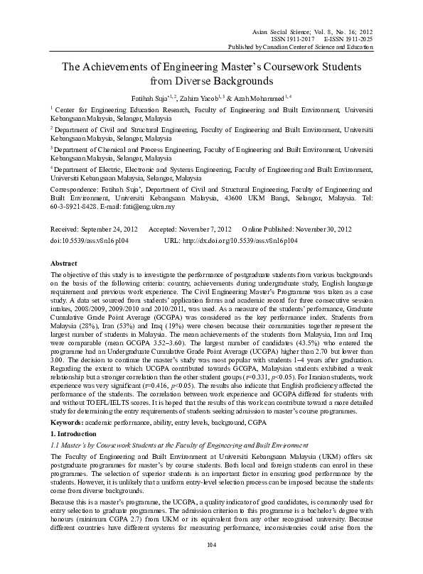 (PDF) The Achievements of Engineering Master’s Coursework Students from ...