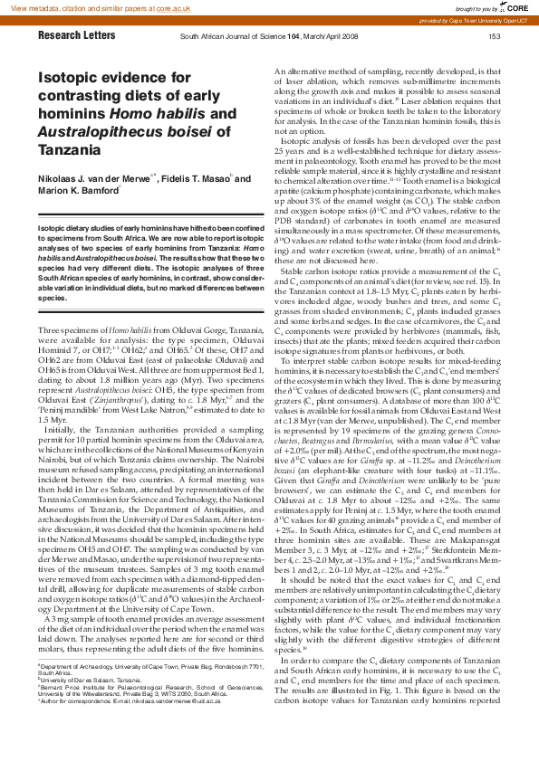 (PDF) Isotopic evidence for contrast diets of early hominins Homo ...