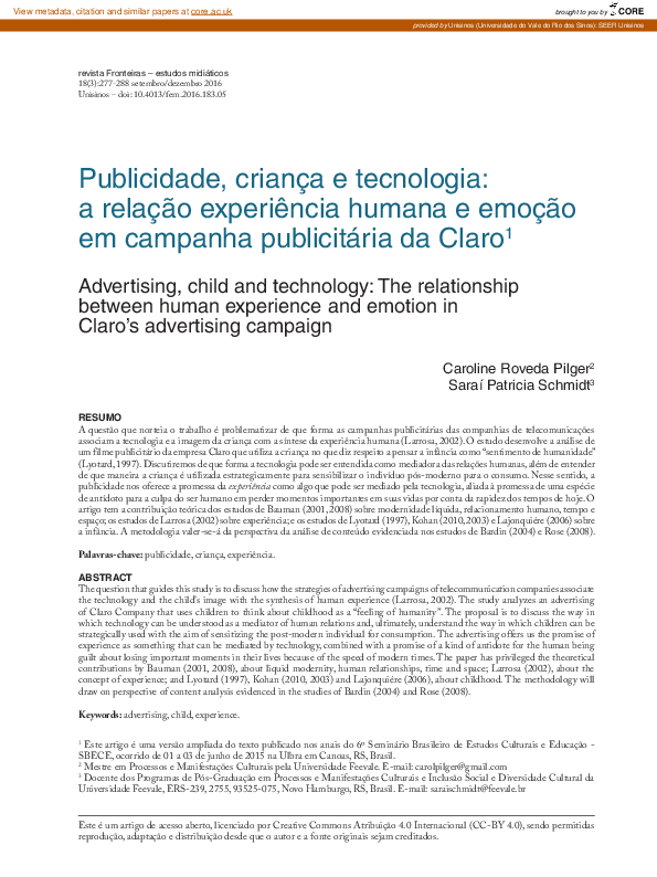 (PDF) Publicidade, criança e tecnologia: a relação experiência humana e ...