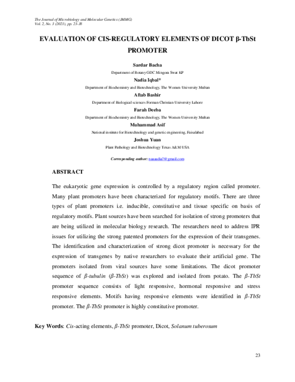 (PDF) Evaluation of Cis-Regulatory Elements of Dicot ?-TbSt Promoter