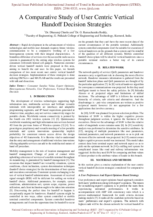 (PDF) A Comparative Study of User Centric Vertical Handoff Decision ...