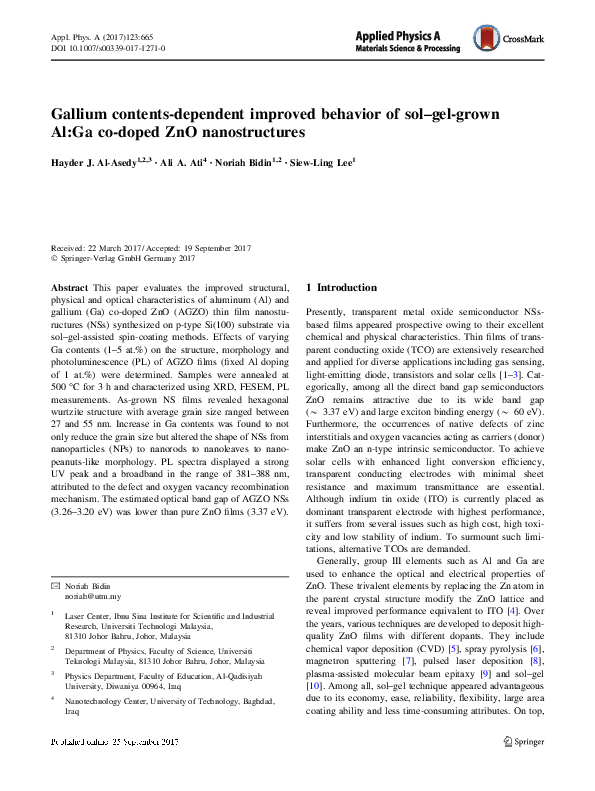 (PDF) Gallium contents-dependent improved behavior of sol–gel-grown Al ...