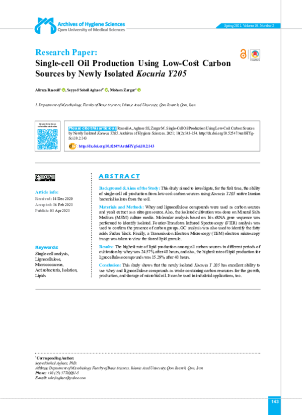 (PDF) Single-cell Oil Production Using Low-Cost Carbon Sources by Newly ...