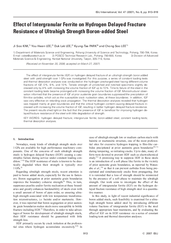(PDF) Effect of Intergranular Ferrite on Hydrogen Delayed Fracture ...
