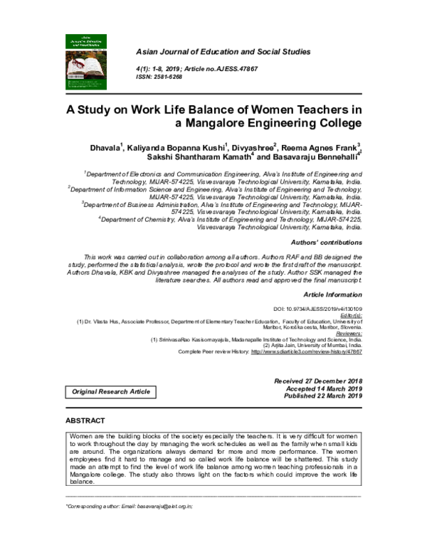 (PDF) A Study on Work Life Balance of Women Teachers in a Mangalore ...