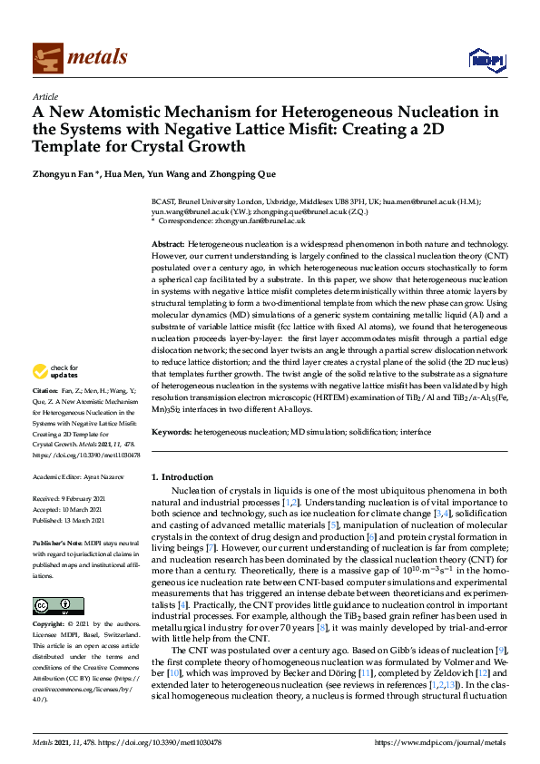 (PDF) A New Atomistic Mechanism for Heterogeneous Nucleation in the ...