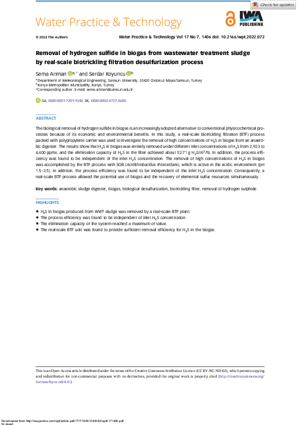 (PDF) Removal of hydrogen sulfide in biogas from wastewater treatment ...