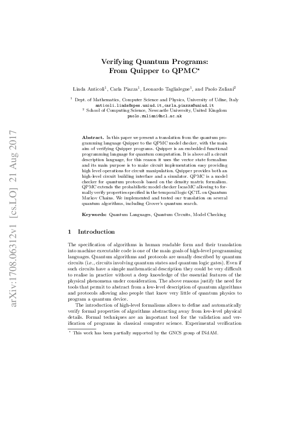 (PDF) Verifying Quantum Programs: From Quipper to QPMC