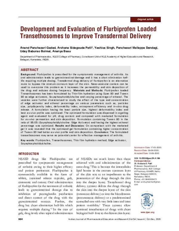 (PDF) Development and Evaluation of Flurbiprofen Loaded Transethosomes ...