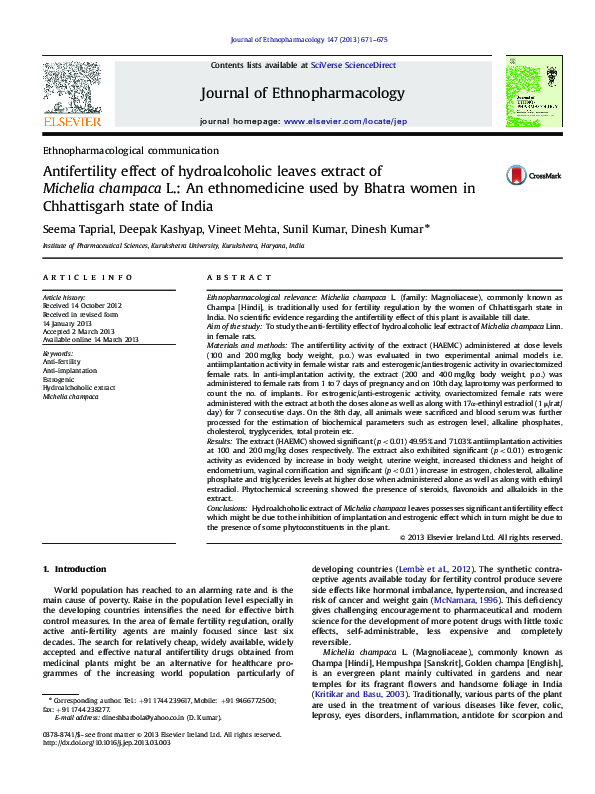 (PDF) Antifertility effect of hydroalcoholic leaves extract of Michelia ...