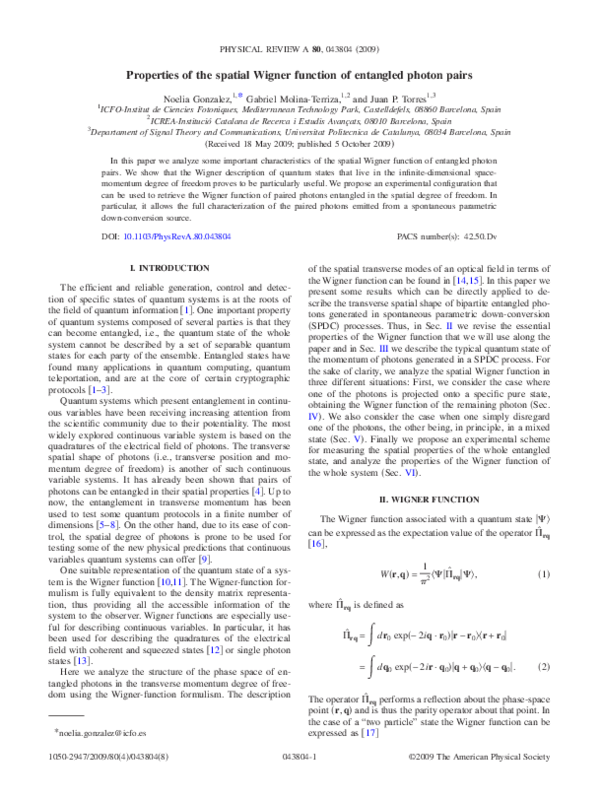 (PDF) Properties of the spatial Wigner function of entangled photon pairs