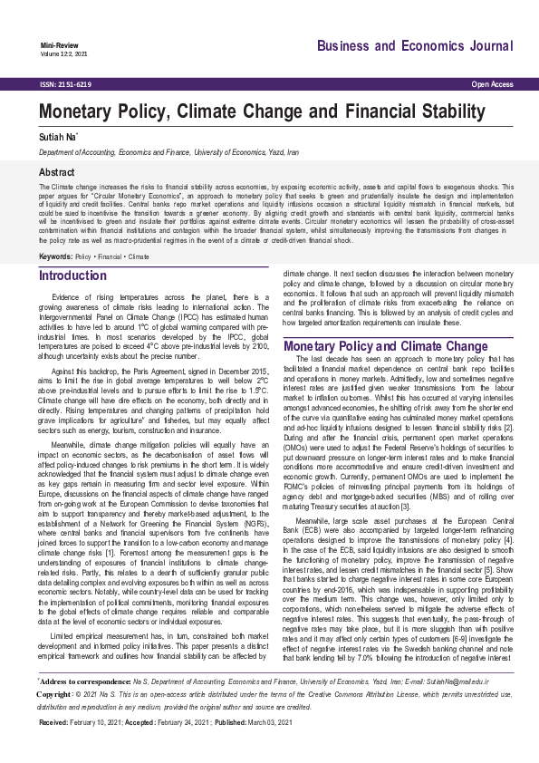 (PDF) Monetary Policy, Climate Change and Financial Stability