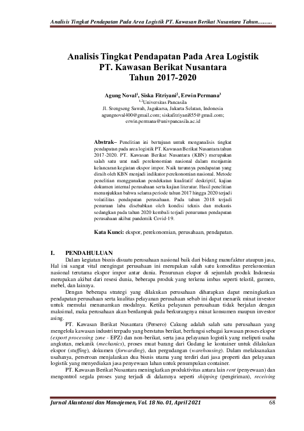 (PDF) Analisis Tingkat Pendapatan pada Area Logistik PT. Kawasan