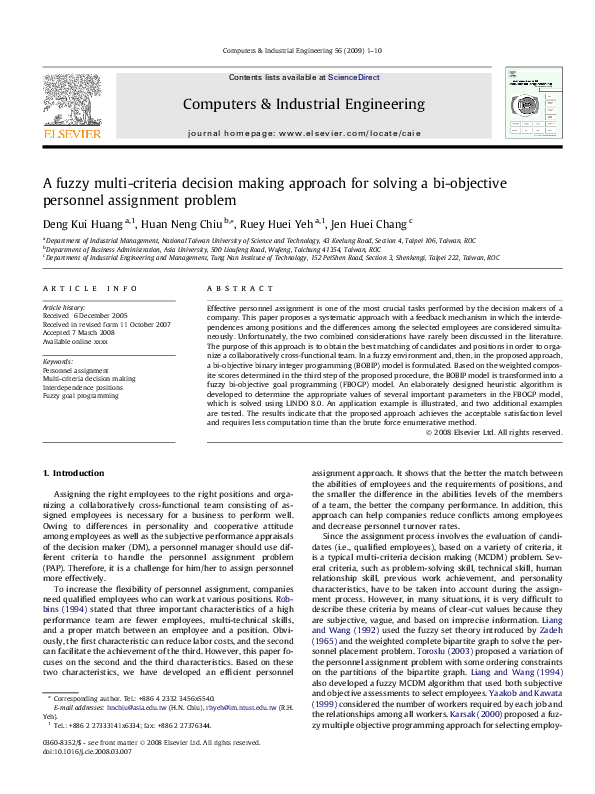 (PDF) A fuzzy multi-criteria decision making approach for solving a bi ...