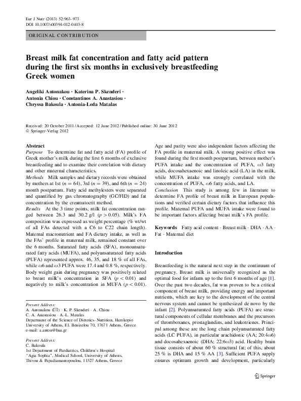 (PDF) Breast milk fat concentration and fatty acid pattern during the ...