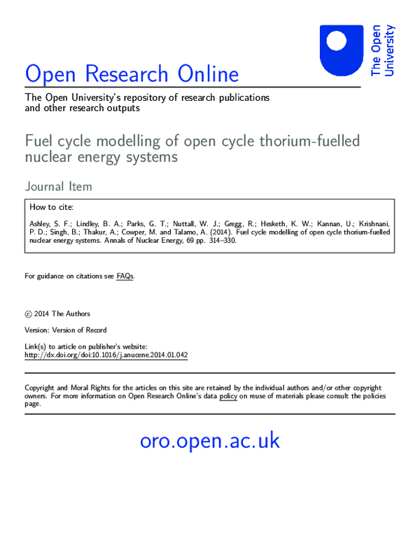 (PDF) Fuel cycle modelling of open cycle thorium-fuelled nuclear energy ...