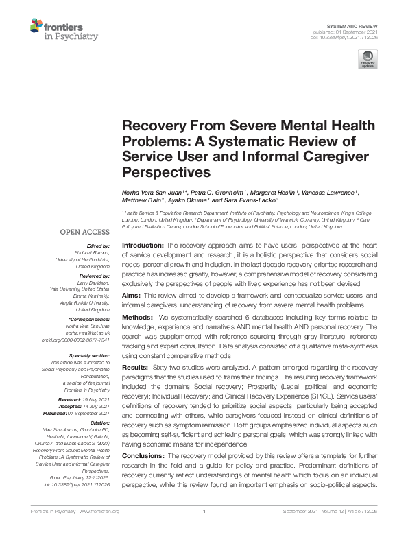 (PDF) Recovery From Severe Mental Health Problems: A Systematic Review ...