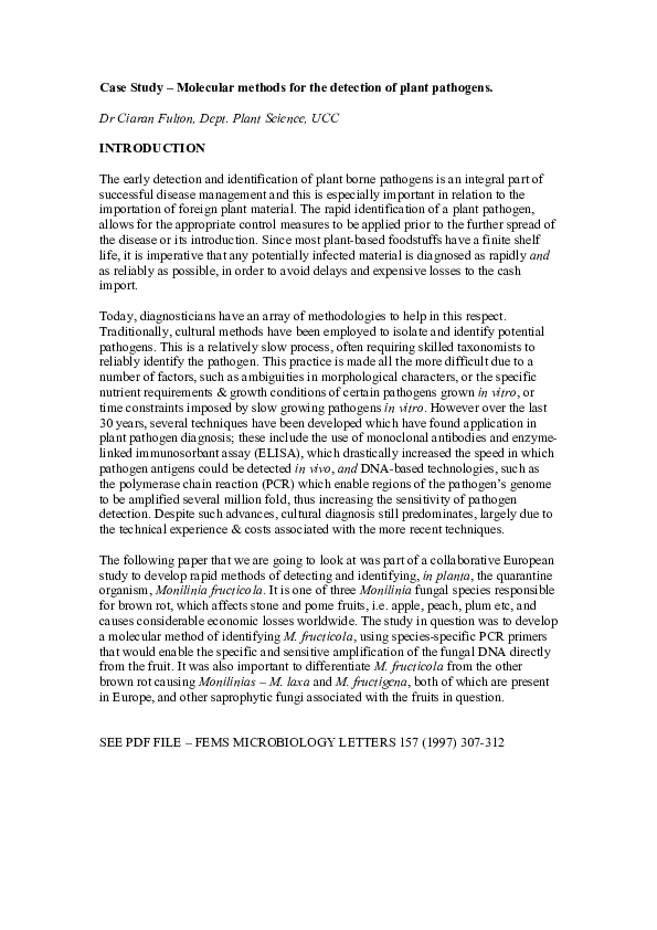 (PDF) Case Study – Molecular methods for the detection of plant pathogens
