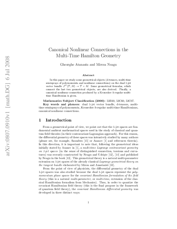 (PDF) Canonical Nonlinear Connections in the Multi-Time Hamilton ...