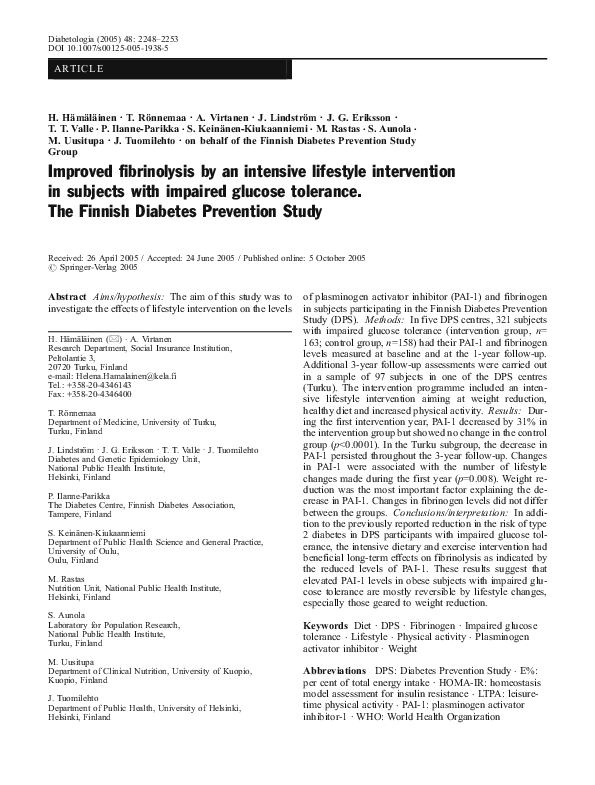 (PDF) Improved fibrinolysis by an intensive lifestyle intervention in ...