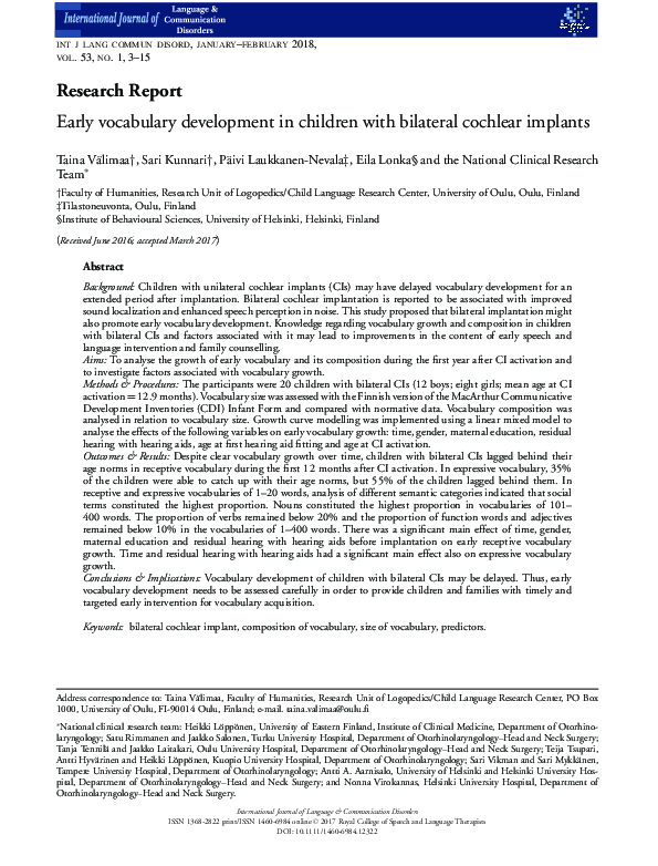 Pdf Early Vocabulary Development In Children With Bilateral Cochlear Implants Pdf Early Vocabulary Development In Children With Bilateral Cochlear Implants