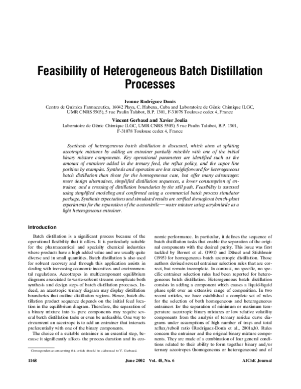(PDF) Feasibility of heterogeneous batch distillation processes