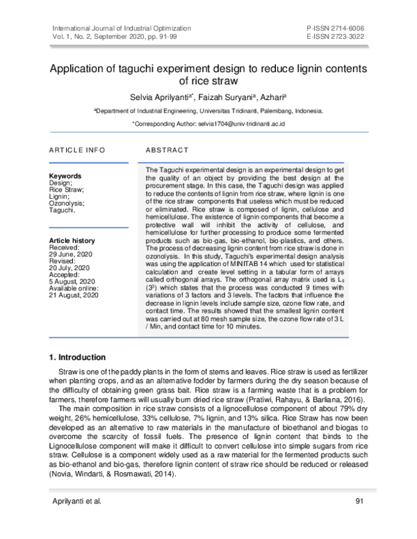 (PDF) Application of taguchi experiment design to reduce lignin ...