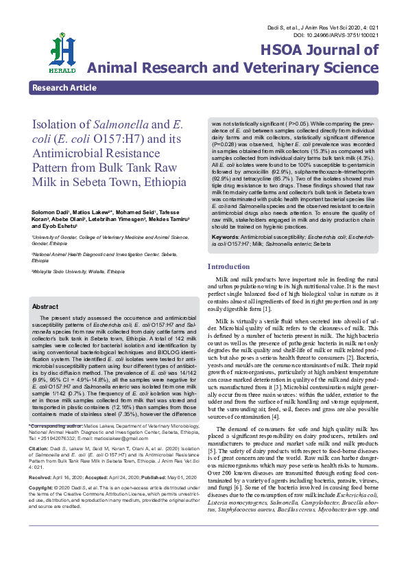 (PDF) Isolation of Salmonella and E. coli (E. coli O157:H7) and its ...