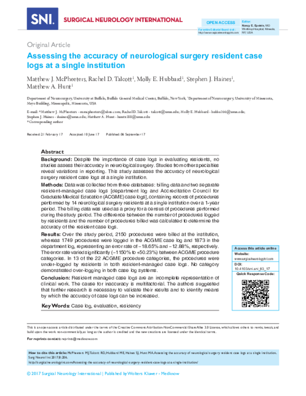 (PDF) Assessing the accuracy of neurological surgery resident case logs ...