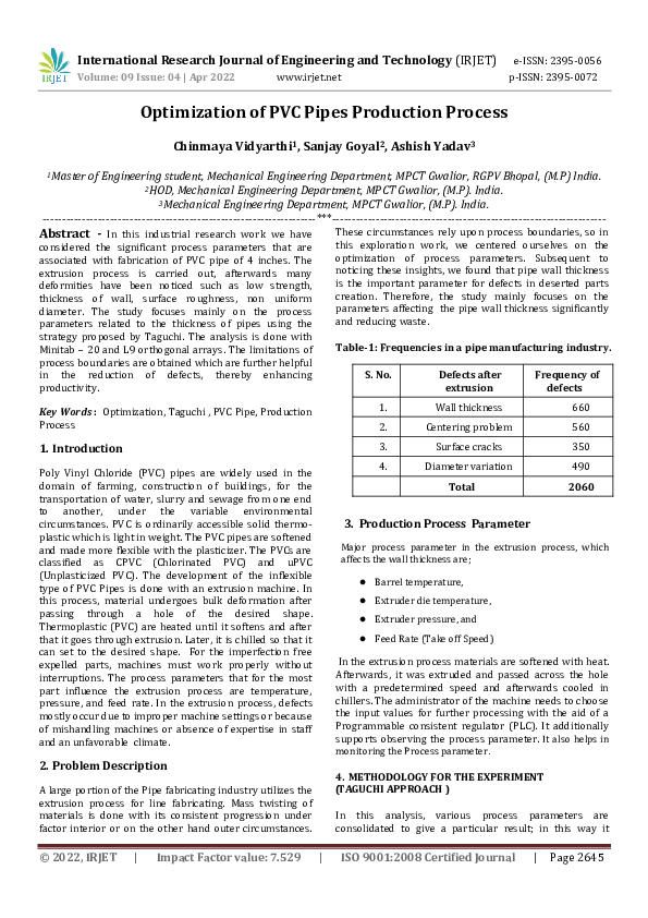 (PDF) Optimization of PVC Pipes Production Process IRJET Journal