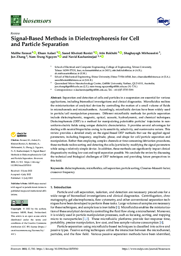 (PDF) Signal-Based Methods in Dielectrophoresis for Cell Separation