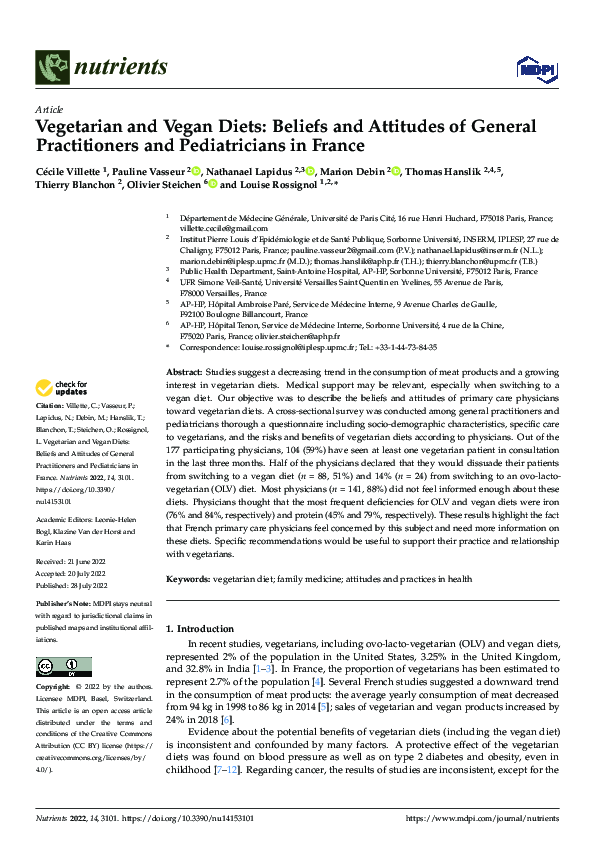 (PDF) Vegetarian and Vegan Diets: Beliefs and Attitudes of General ...