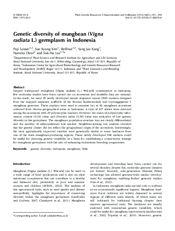 (PDF) Genetic diversity of mungbean (Vigna radiata L.) germplasm in ...