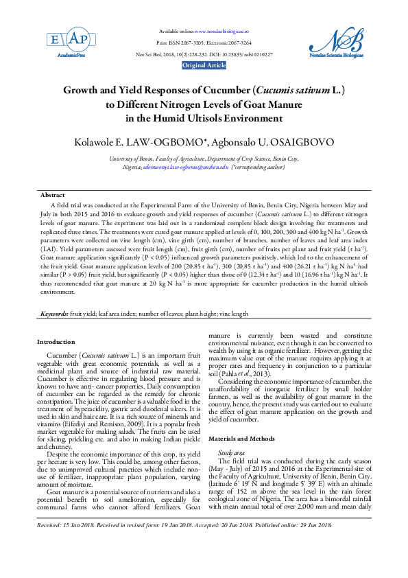(PDF) Growth and Yield Responses of Cucumber (Cucumis sativum L.) to