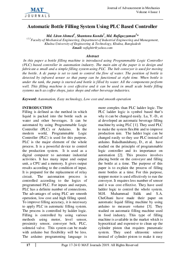 (PDF) Automatic Bottle Filling System Using PLC Based Controller